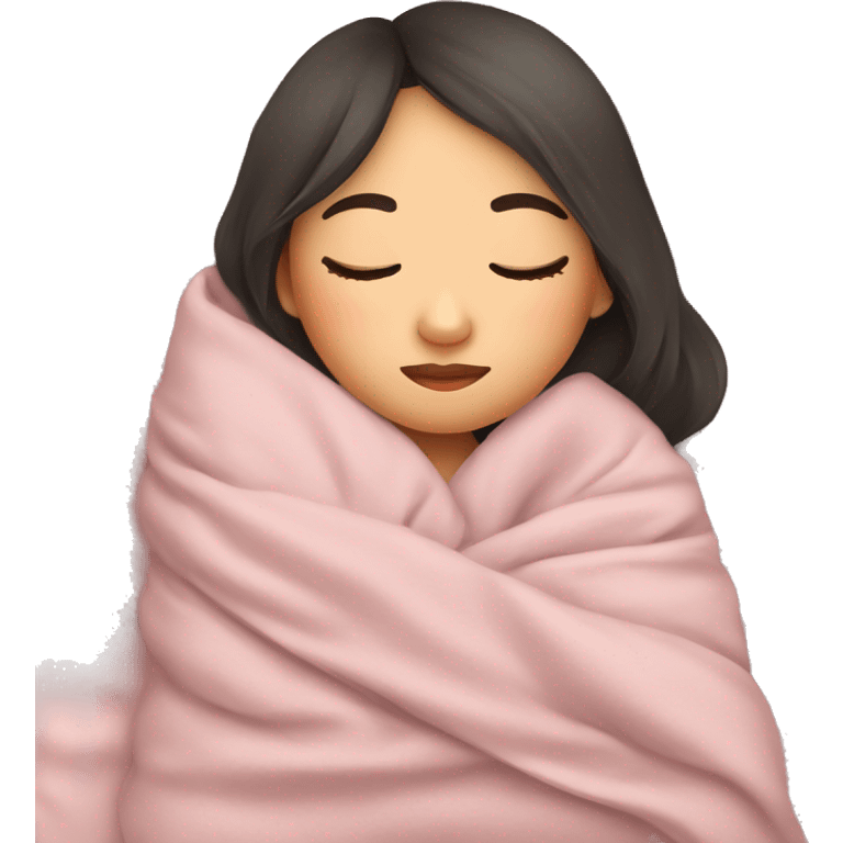 Asian girl sleeping in cozy blanket with pillow emoji