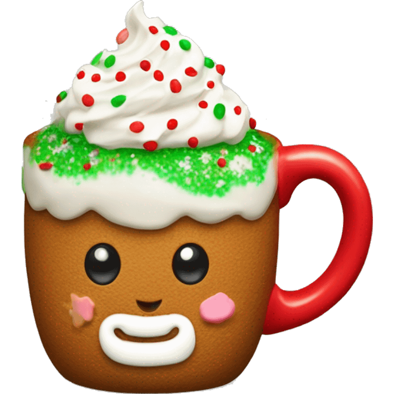 A red mug with whipped cream on top, with a small gingerbread man tucked into the cream. The whipped cream is sprinkled with colorful red and green sprinkles. emoji