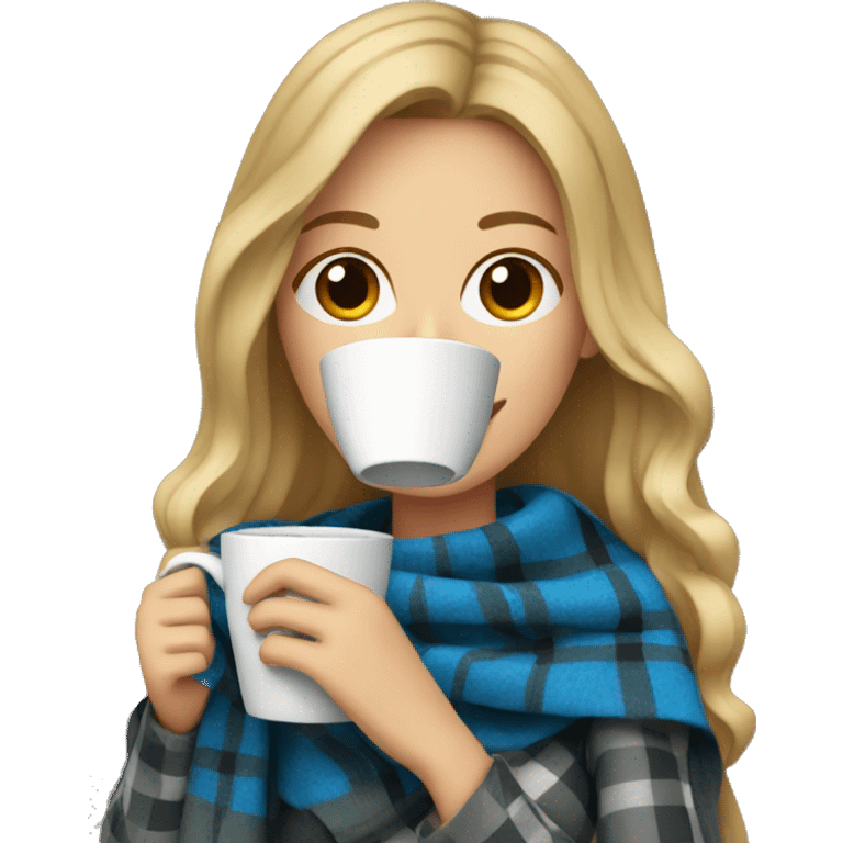 Dark blonde hair woman with blue plaid blanket drinking coffee emoji