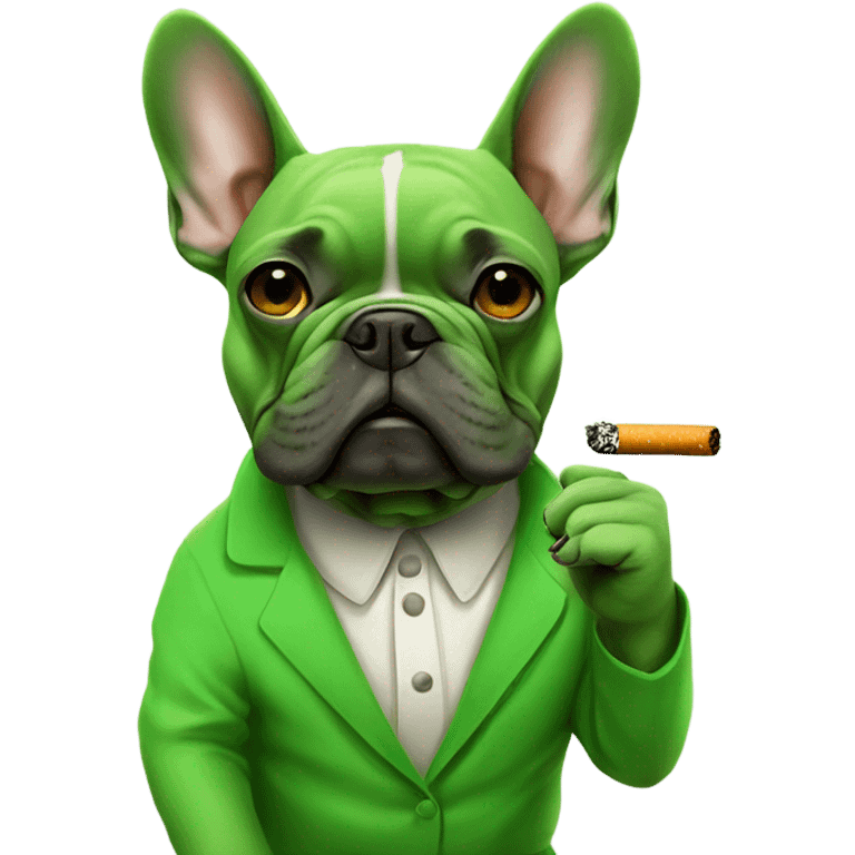 A bright green french bulldog smoking a cigarette emoji