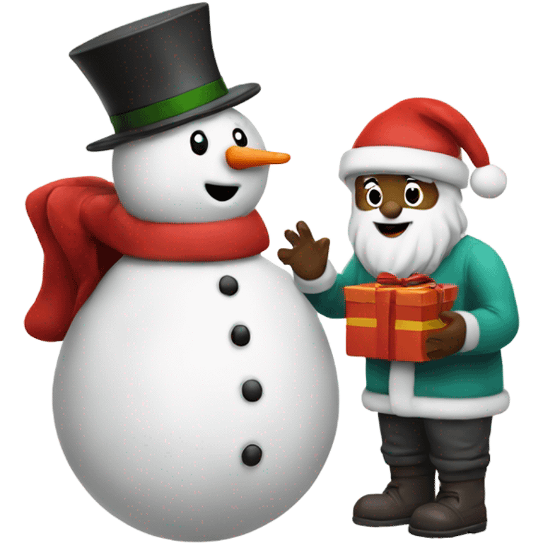 Santa giving snowman a gift emoji