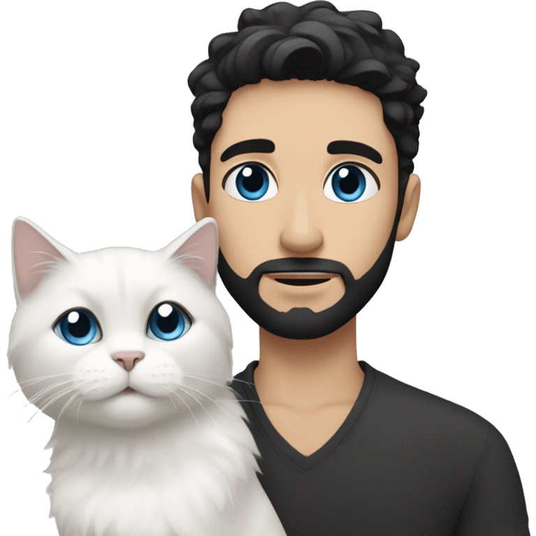 A guy with a black earing and black short hair and black beard and holding a all white Siberian cat with blue eyes  emoji