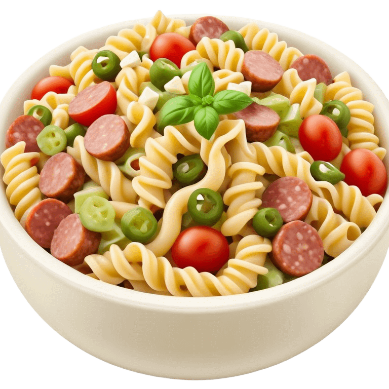 fusilli pasta salad with chopped sausage, chopped gherkins, chopped cocktail tomatoes and mayonnaise tomatoes and mayonnaise  emoji