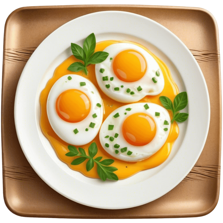 Cinematic sunny-side-up eggs, perfectly cooked with glossy yolks, crispy golden edges, sprinkled with fresh herbs, served on a rustic plate, bright and inviting, highly detailed and appetizing. emoji