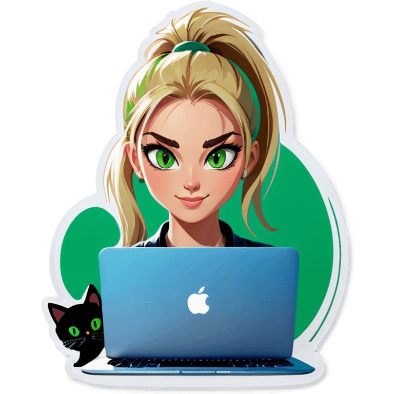 Blonde woman ponytail green eyes with cat and MacBook emoji