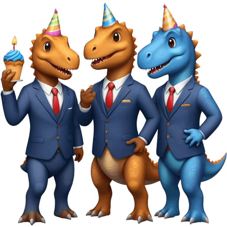 three office dinosaurs in office suits celebrating birthday emoji