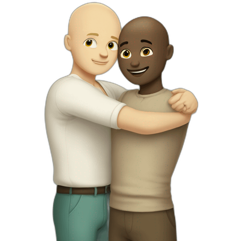 Tall Hungarian 50s blond blue eyes bald man hugs African bald 50s man emoji