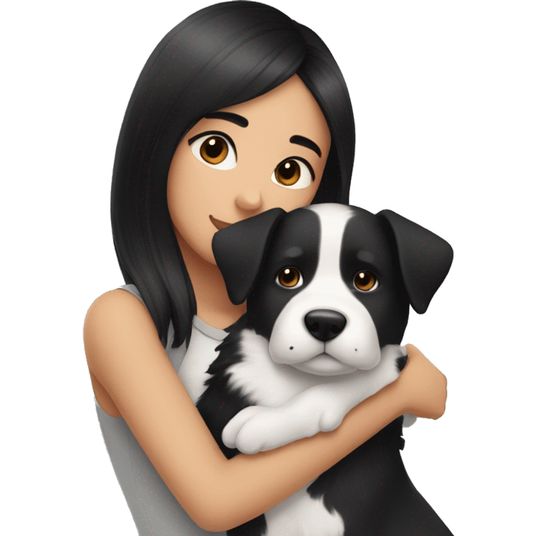 medium black hair girl cuddling a black and white dog emoji