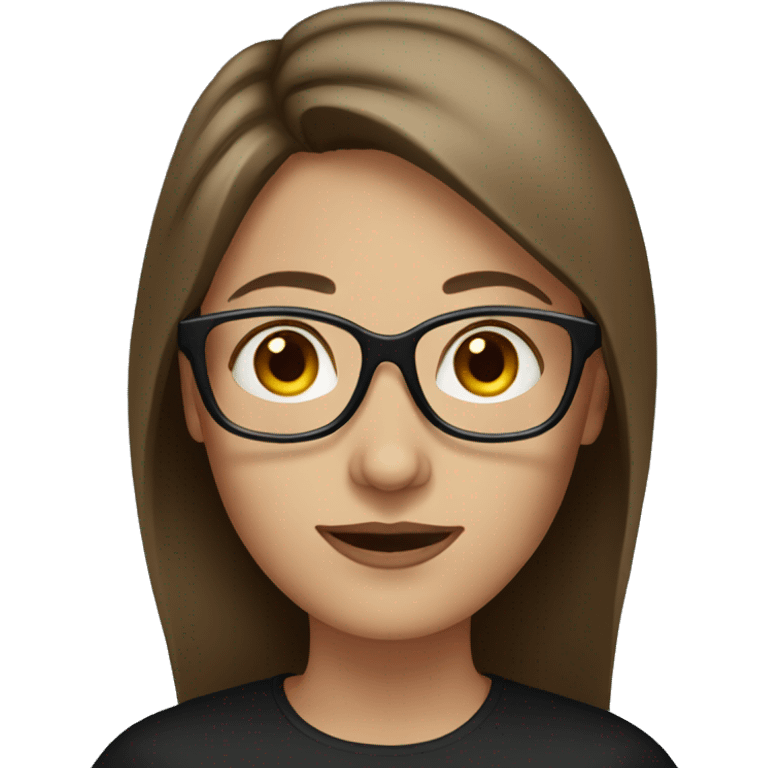 Woman with brown hair and blue eyes wearing black glasses emoji