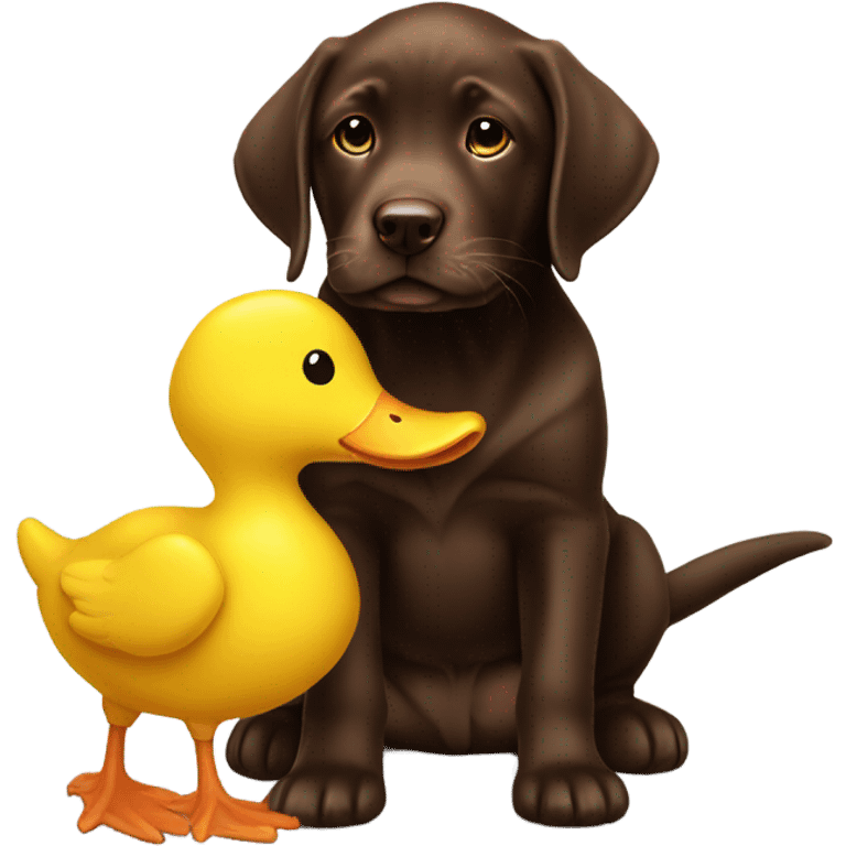 Chocolate lab puppy with big yellow duck toy emoji