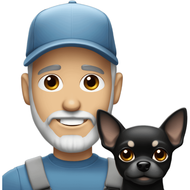 Handsome man, with blue eyes, grey hair, and grey goatee beard, wearing ball cap and holding a long haired black chihuahua emoji