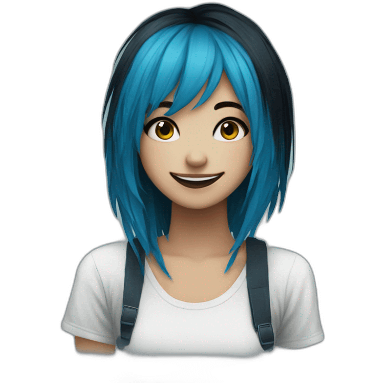 Happy emo girl, black makeup, long choppy blue hair side bangs emoji