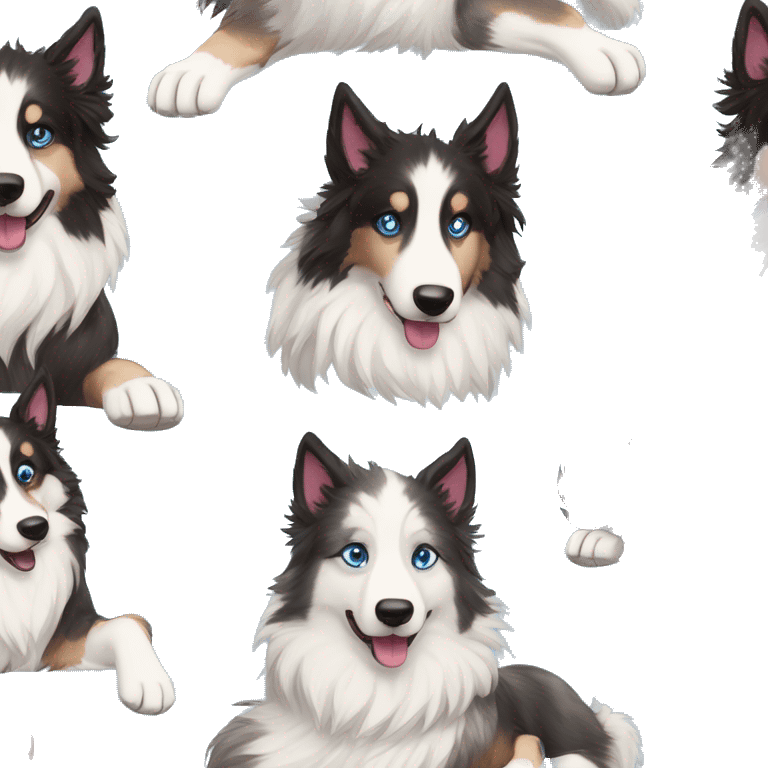  Black spotted brindle collie husky blue eyes fluffy ears and holographic harness running emoji