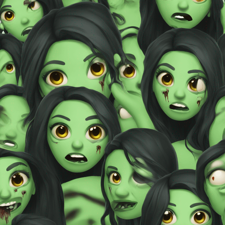 Brunette zombie girl in horror green skin and long black hair emoji