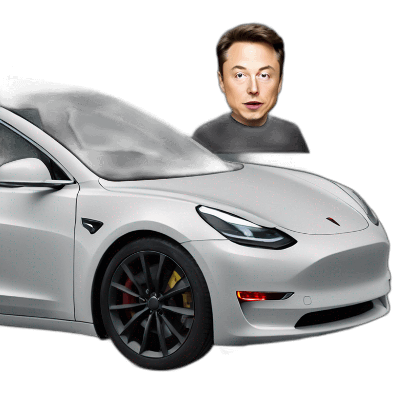 Elon musk riding a all black Tesla Model 3 viewed from front with head popping from window emoji