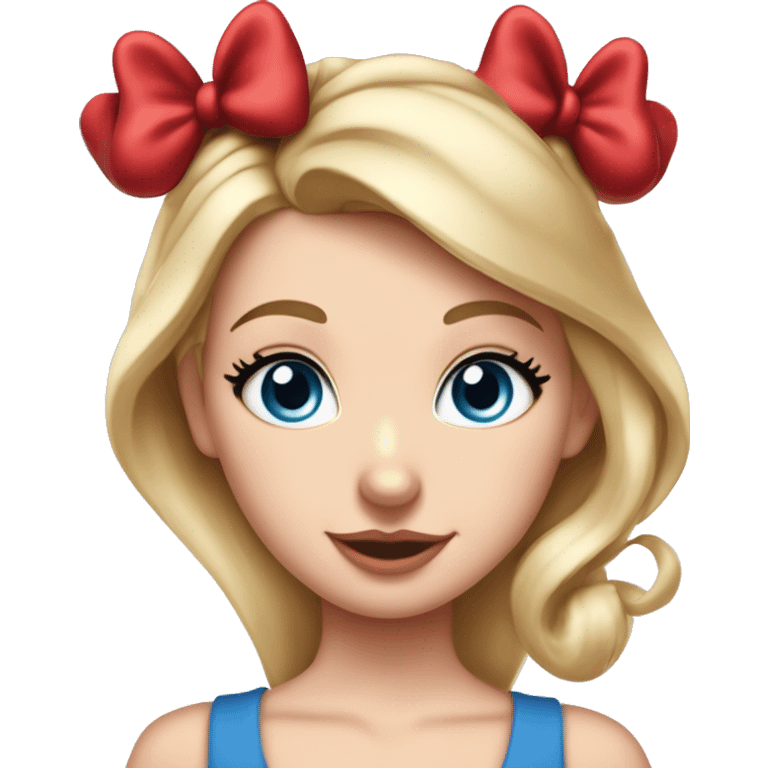 White girl, with blue eyes, short straight blonde hair, elegant with a big red bow on her head and Minnie Mouse ears on her head. 
Mouse ears on her head. Super chick and elegant emoji