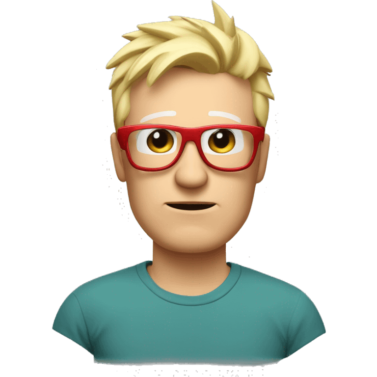 Nerdy middle aged white man with short blond spiky hair looking confused and wearing sunglasses and a red tee shirt holding an electronic tablet emoji