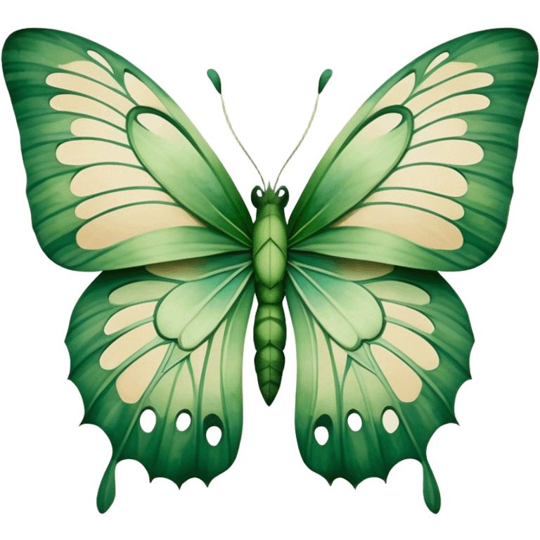 A green butterfly with watercolor wings resembling monstera leaves, featuring natural cutouts and soft botanical tones on a beige background. emoji