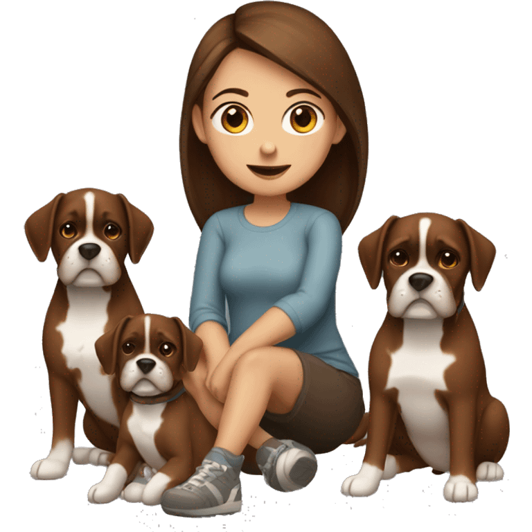 a brown hair girl sitting with two dark brown boxer dogs emoji