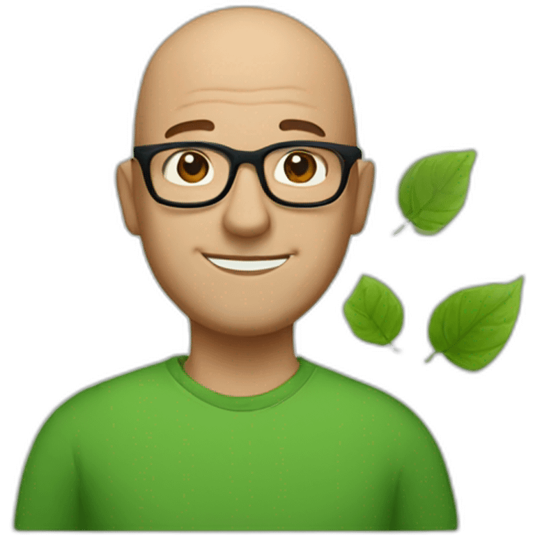 a middle aged bald man in square black glasses wearing a green shirt and holding a green leaf emoji