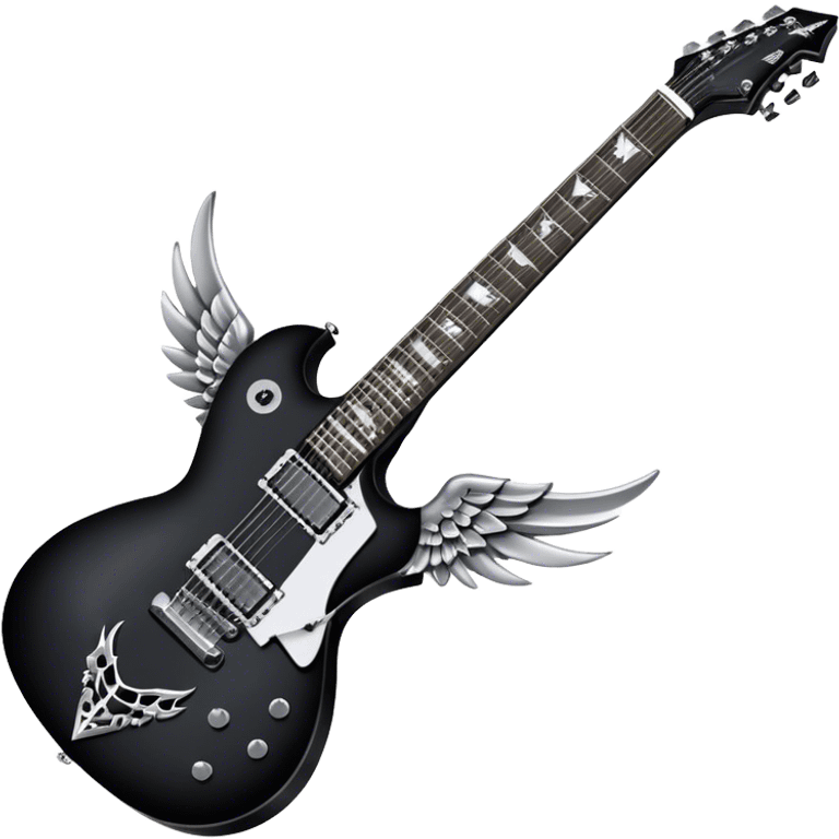 Create a dynamic and bold emoji representing the Dean VMNT AOD electric guitar (V-shaped model) inspired by Dave Mustaine's Angel of Death. The design should feature the sharp, angular 'V' shape of the guitar with a unique, striking graphic, including elements like dark skulls or angel wings to reflect the album's themes. Use bold colors like black with silver or gold accents, and add metallic details like chrome tuning pegs and pickups. The guitar should have a powerful, rebellious look, reflecting the heavy metal vibe. The background should be transparent. emoji