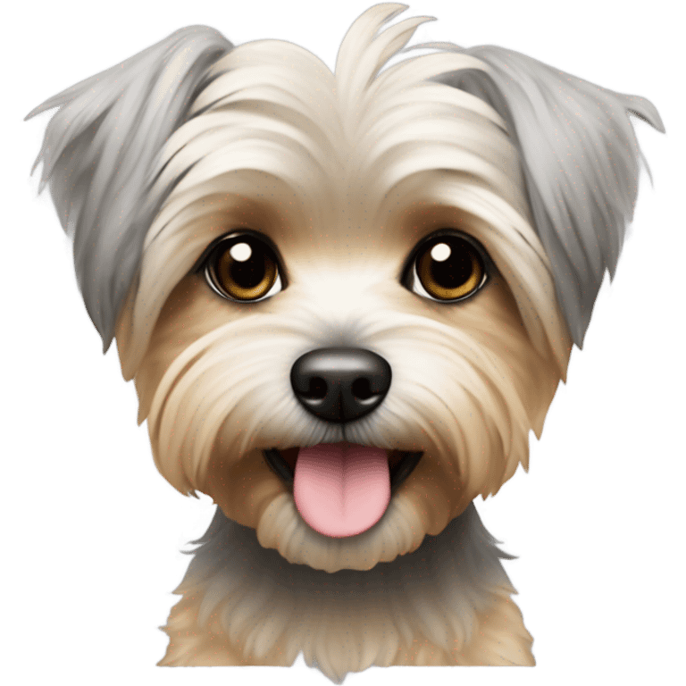 yorkie bichon mix. dog with light tan and grey messy fur, long ears down. Black eyes. emoji