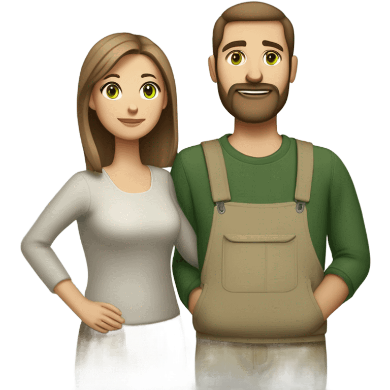 husband with wife (husband is taller, light brown short hair, light brown short full beard, green eyes and olive skin color)(wife has medium length medium brown hair and hazel green eyes with pale skin color) emoji