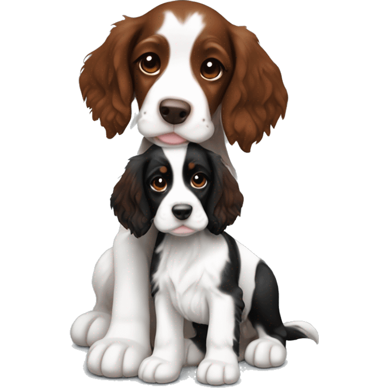 Black and white tricolored springer spaniel puppy with redhead girl hug   emoji