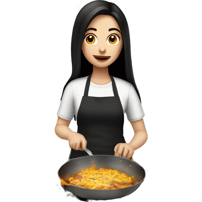 Pale girl with long black hair cooking dinner  emoji