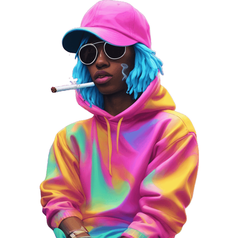 Multicoloured neon Vaporwave person smoking wearing hoodie dancing hip hop bucket hat tropical Skater fashion aesthetic baggy clothes graphic t shirt 420 emoji