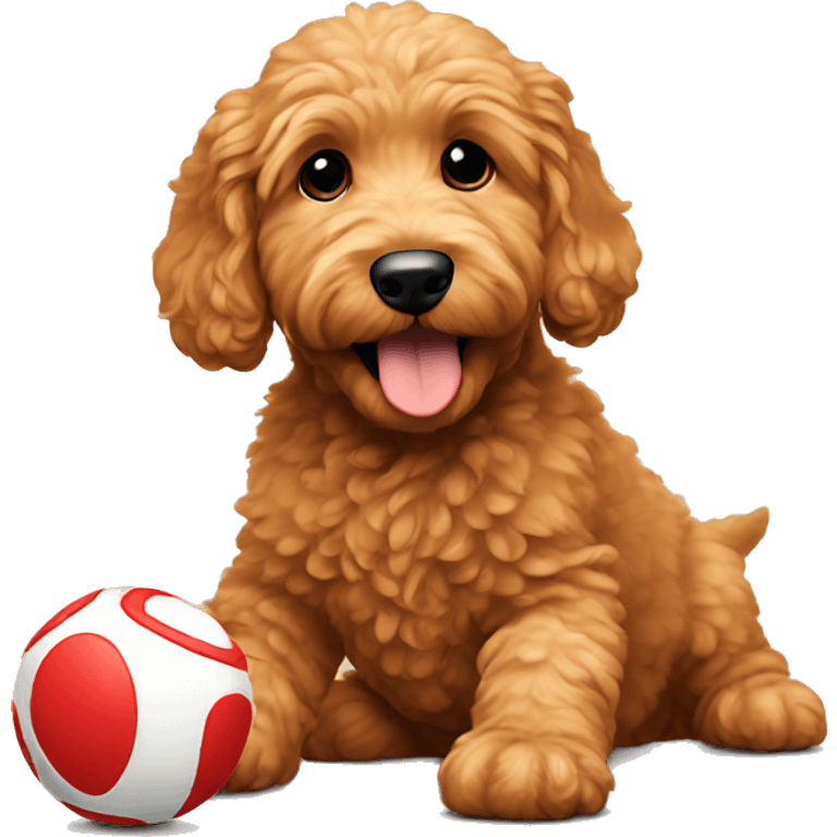 Mini golden doodle red playing with toy emoji