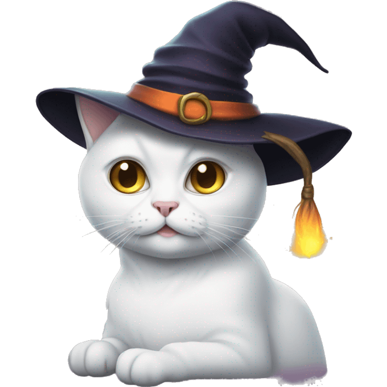 A white cat with glasses and witch hat emoji