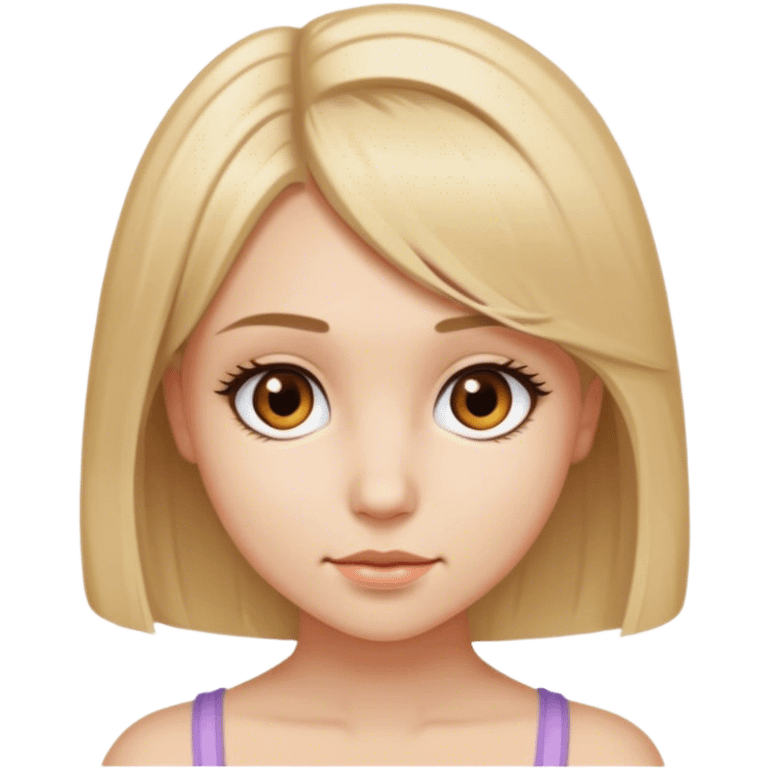 Crie uma menina jovem com cabelo loiro médio, curto no ombro, com olhos castanhos, cílios médios, emoji