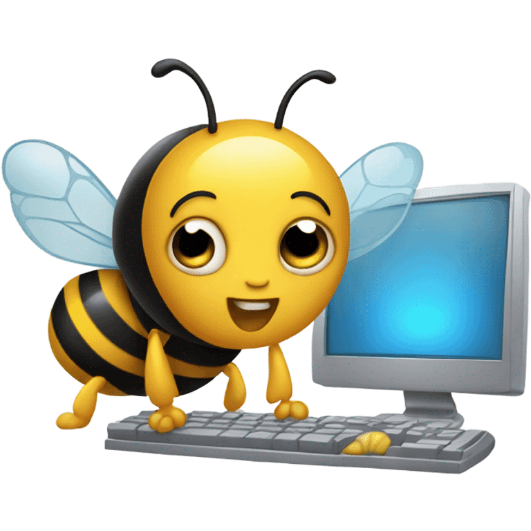 bee typing on computer with cute face emoji