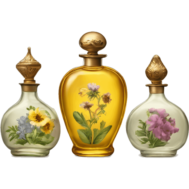 Three Antique oil perfume bottles with herbal and flowers emoji