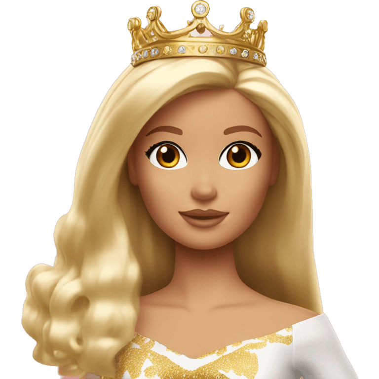 Blonde Barbie with bangs and long hair and hazel eyes wearing a gold crown emoji