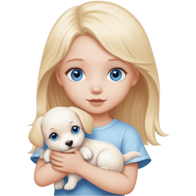 cute little girl with blonde hair and blue eyes holding cute white puppy emoji