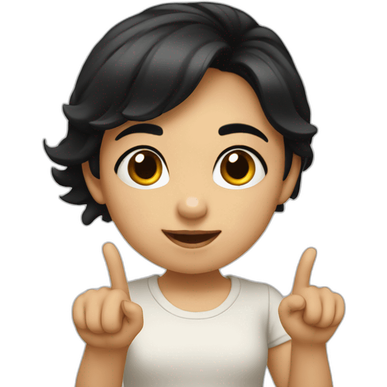 small girl with black hair showing hand with 1 finger up emoji