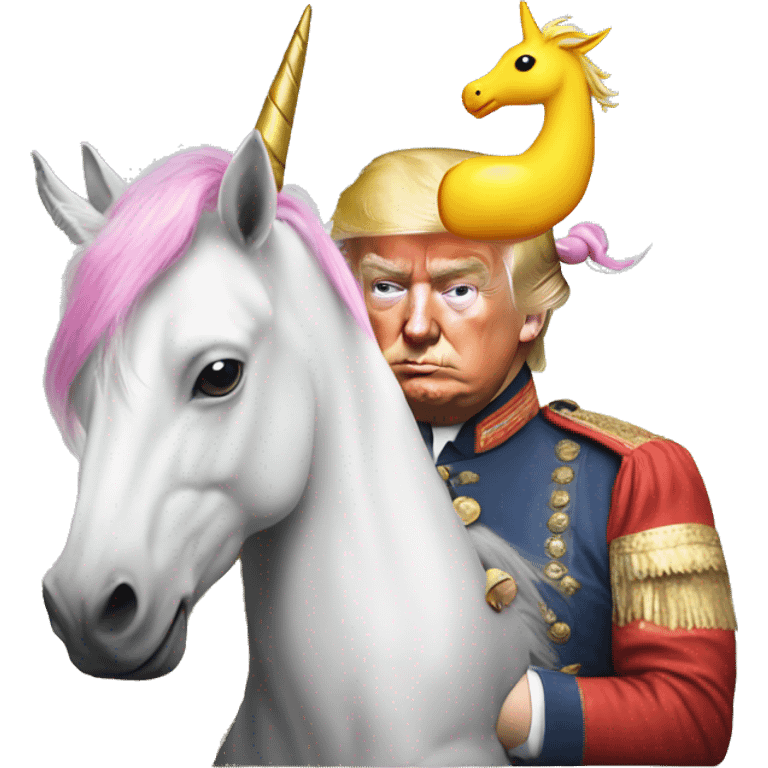 trump holding a unicorn with a rubber duck on the unicorns head emoji