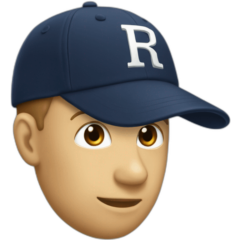 a navy baseball cap with a small white letter R on the front emoji