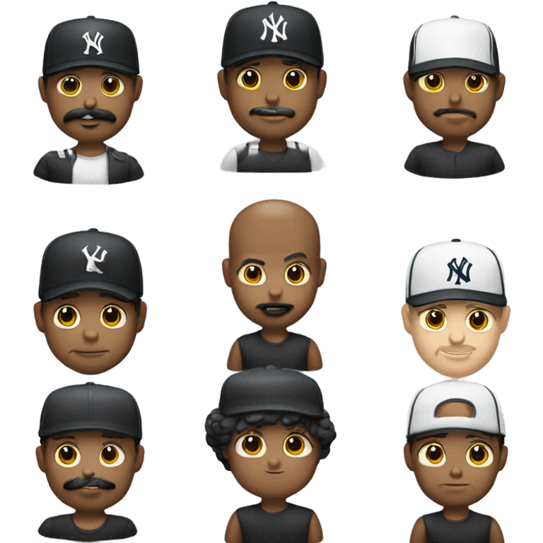 Emoji homme blanc, yeux en amande, cheveux courts, mal rasé et moustache noir, casquette yankees noir emoji