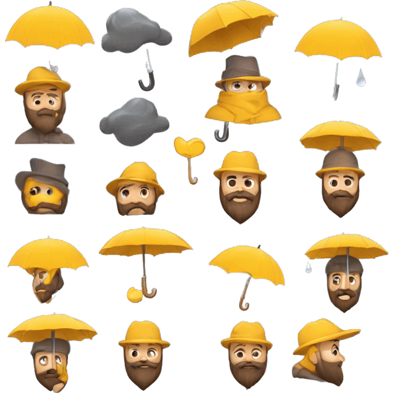 homme barbu et chauve sous la pluie avec un parapluie  emoji