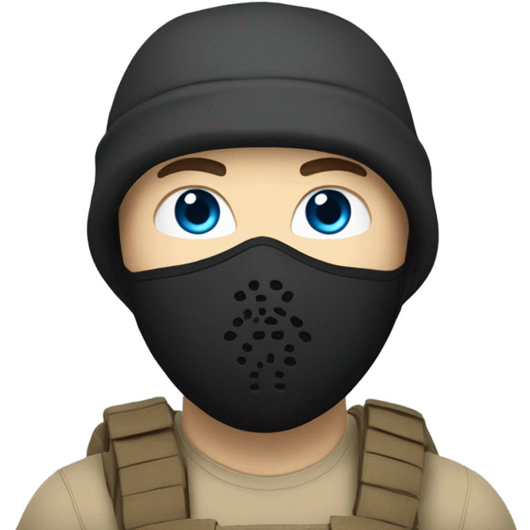 White male, face mask, tan tactical gear, combat boots, gun, black beanie, blue eyes emoji