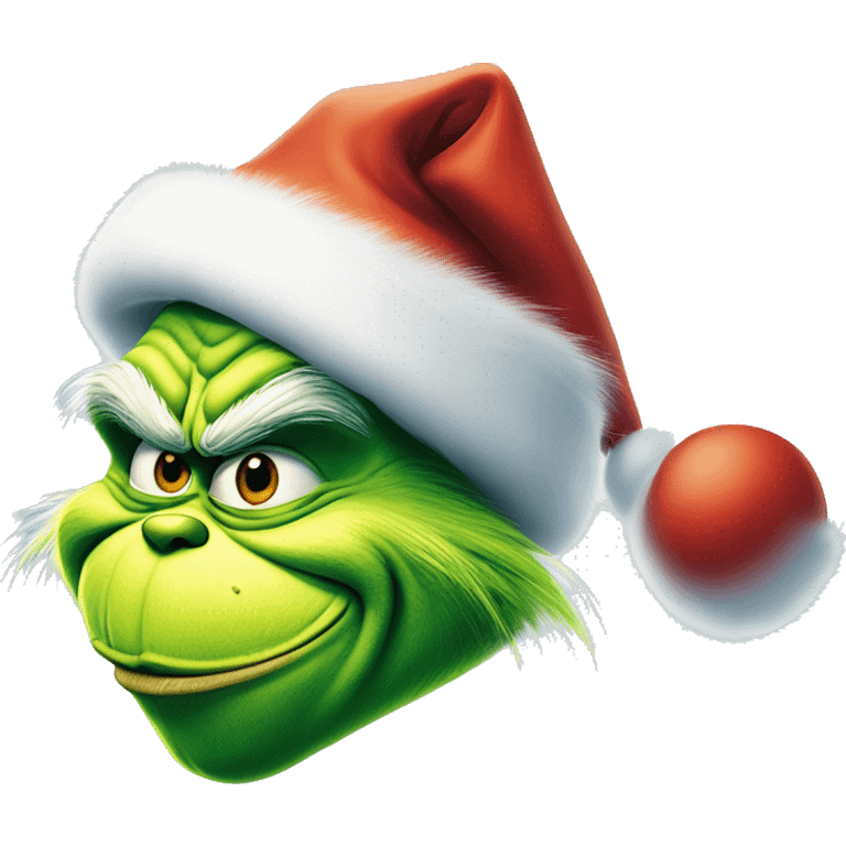 The Grinch smirking mouth closed and he’s blue with santa hat emoji