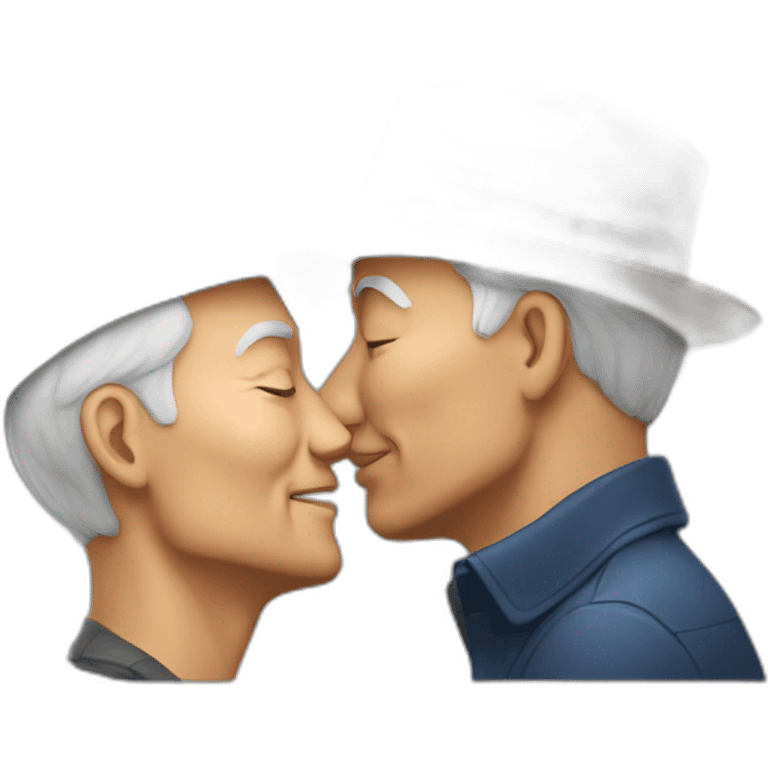 Older Man with hat kissing different race older man with hat emoji