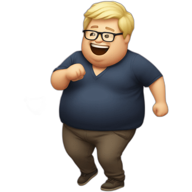 Fat blond man with glasses and a glass of red wine dancing like a drunk emoji