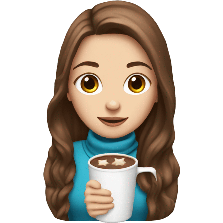 white girl with brown long hair and a hot chocolate emoji