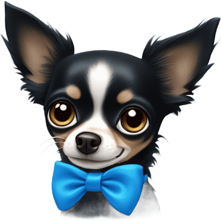 All black long hair chihuahua with blue eyes with a blue bow collar emoji