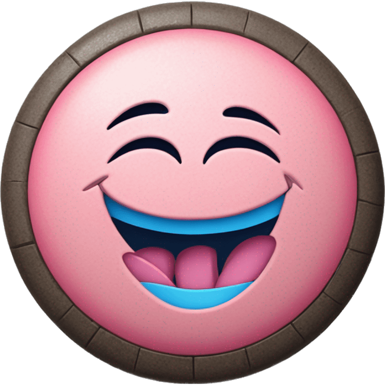 The round tablet consists of two parts, one part is pink and the other is blue. A tablet in the style of a laughing smiley face. The inscription DOZA is stamped on the tablet emoji