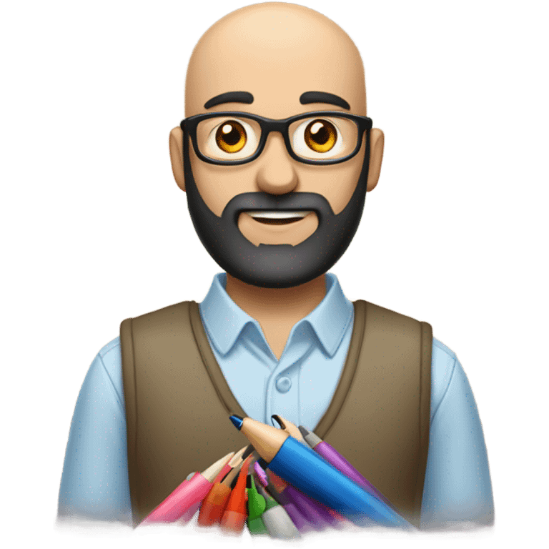 Balding man with black beard, cross on shirt, holding lots of pens  emoji